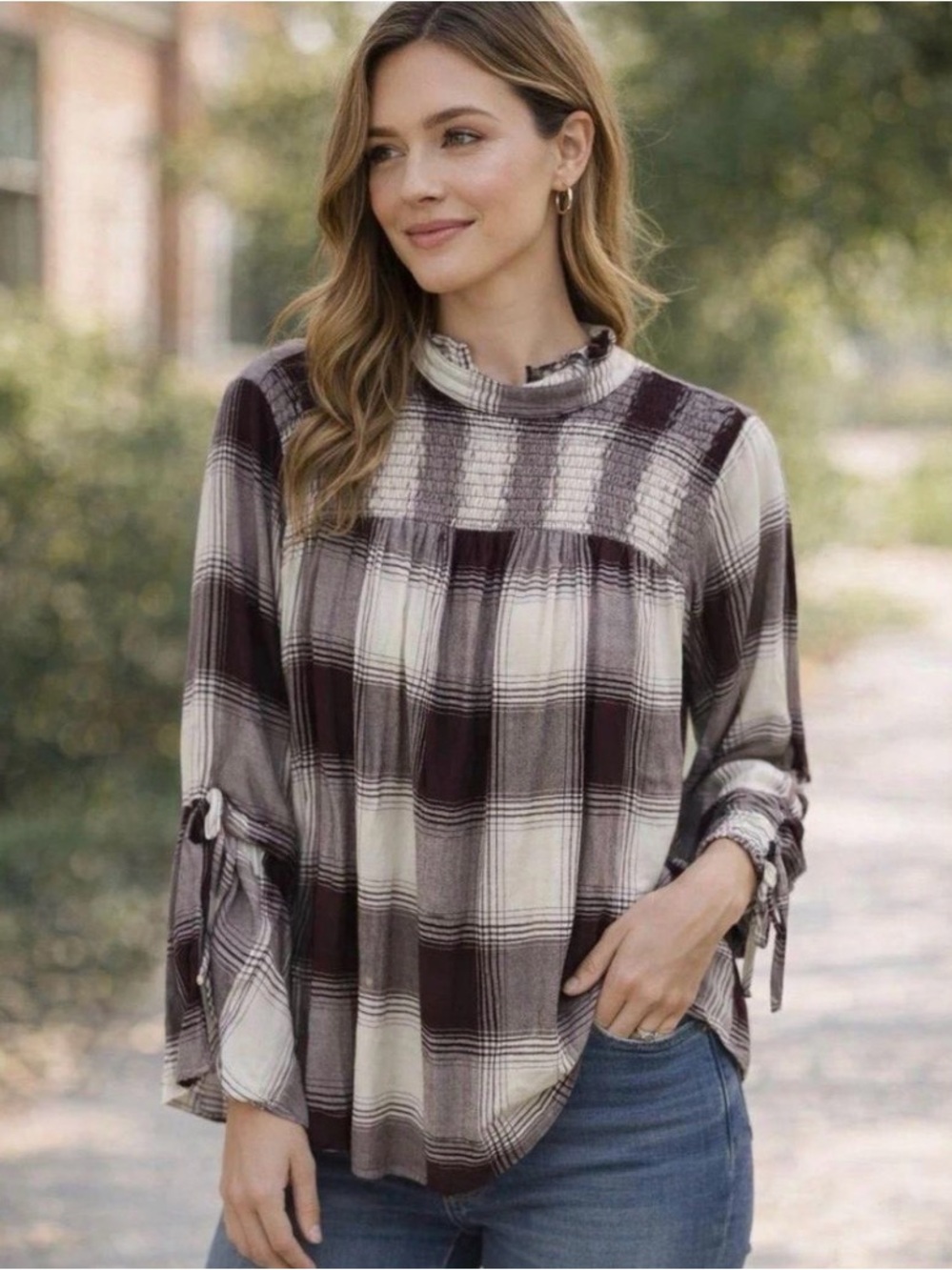 Lane Bryant Burgundy Plaid Bell Sleeve Top